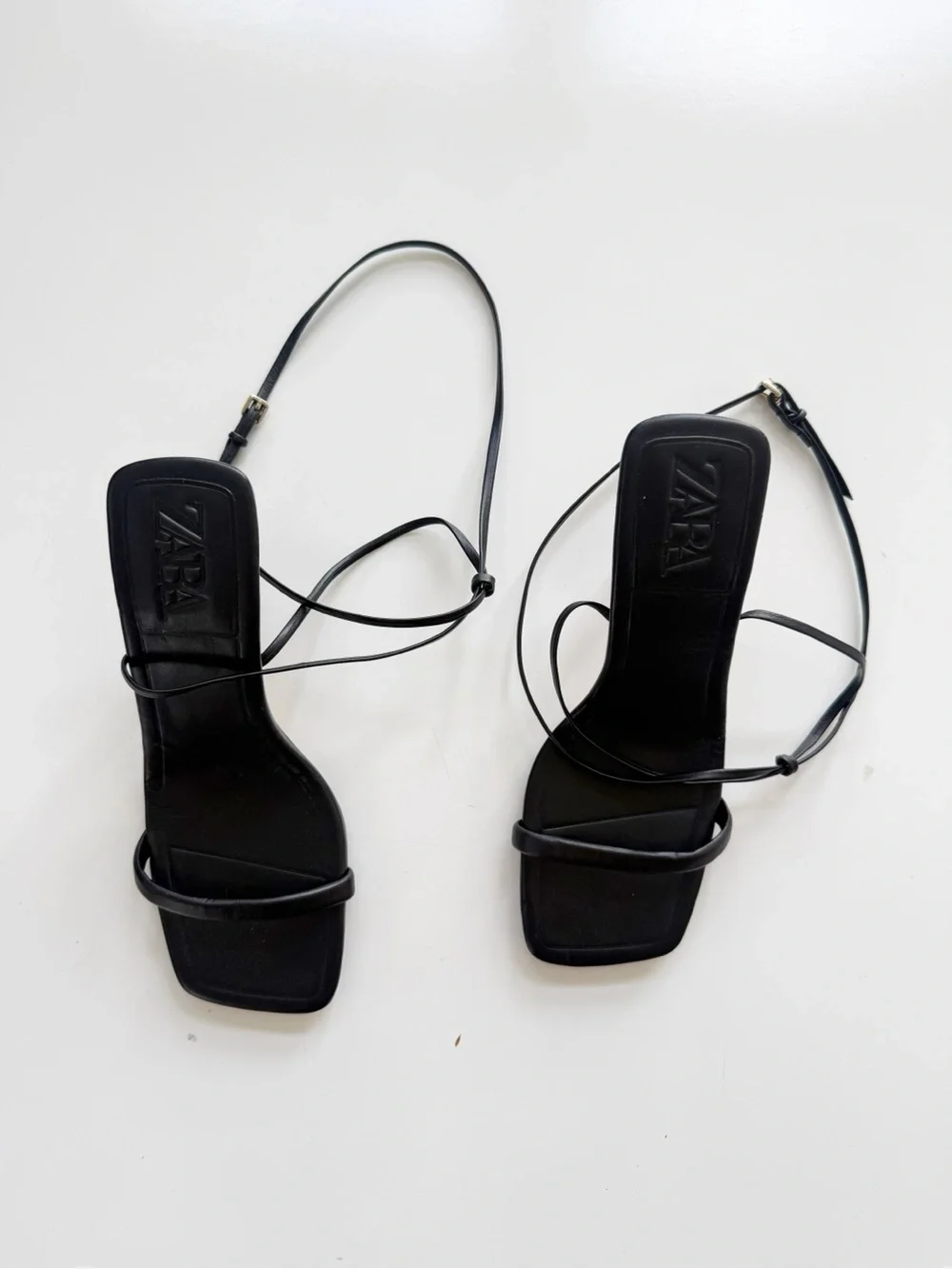 Zara Square Toe Black Leather Strappy Heeled Sandals size 38 (7.5) - Picture 2 of 6